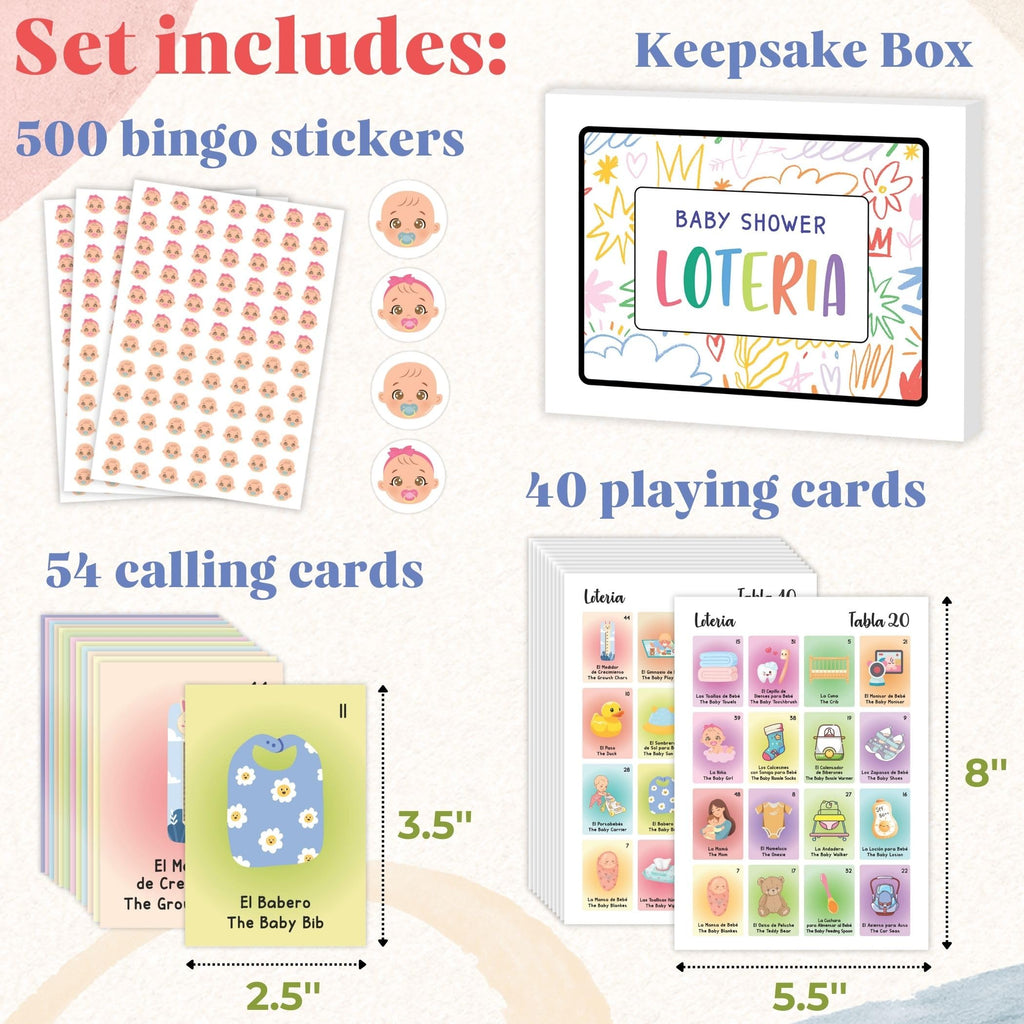 WOODAMORE Baby Shower Loteria Bilingual Game – 50 Cards, 54 Calling Cards, Chips for 40 Players