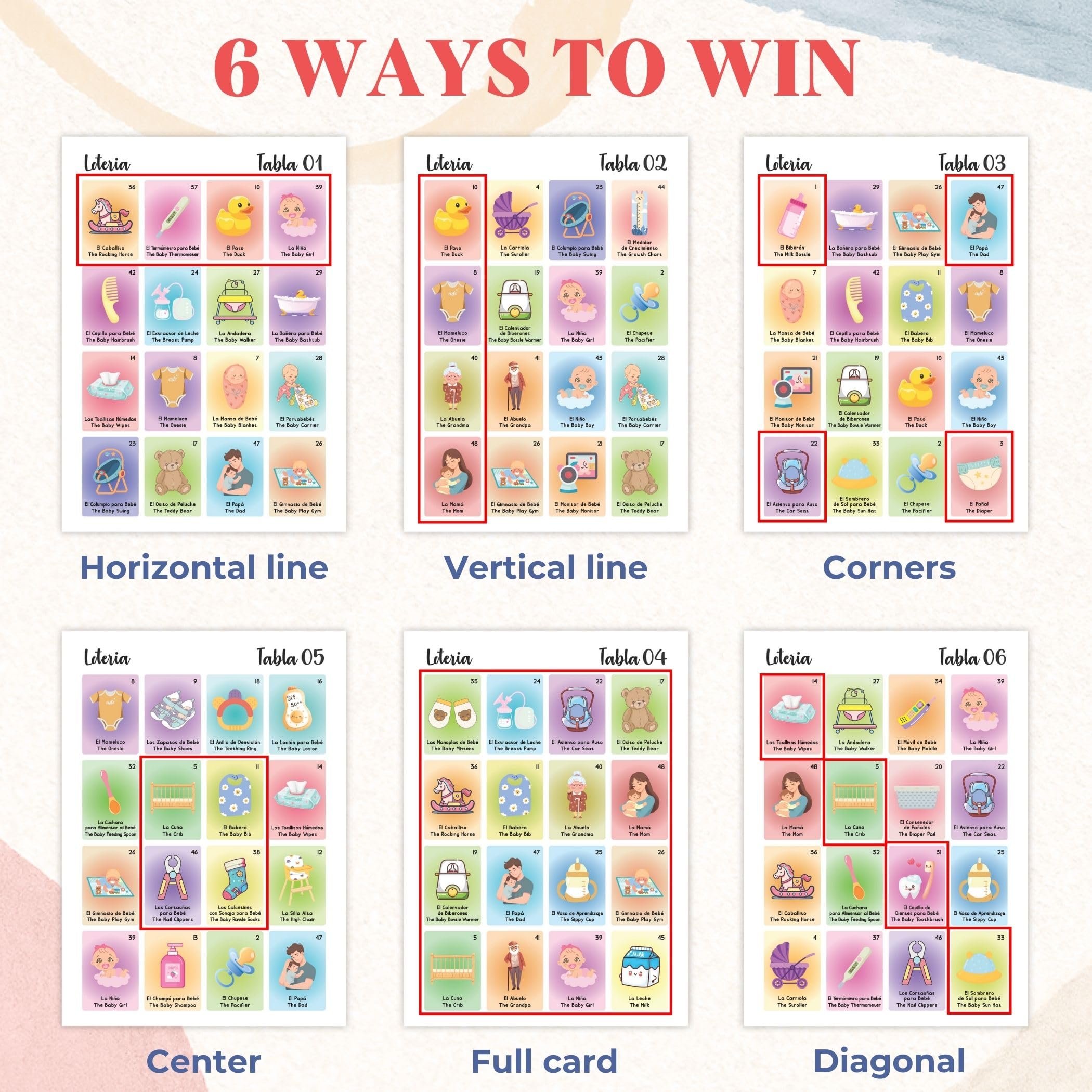 WOODAMORE Baby Shower Loteria Bilingual Game – 50 Cards, 54 Calling Cards, Chips for 40 Players