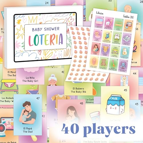 WOODAMORE Baby Shower Loteria Bilingual Game – 50 Cards, 54 Calling Cards, Chips for 40 Players