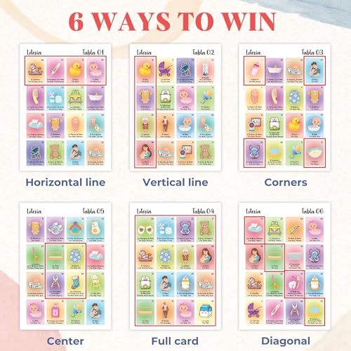 WOODAMORE Baby Shower Loteria Bilingual Game – 50 Cards, 54 Calling Cards, Chips for 40 Players