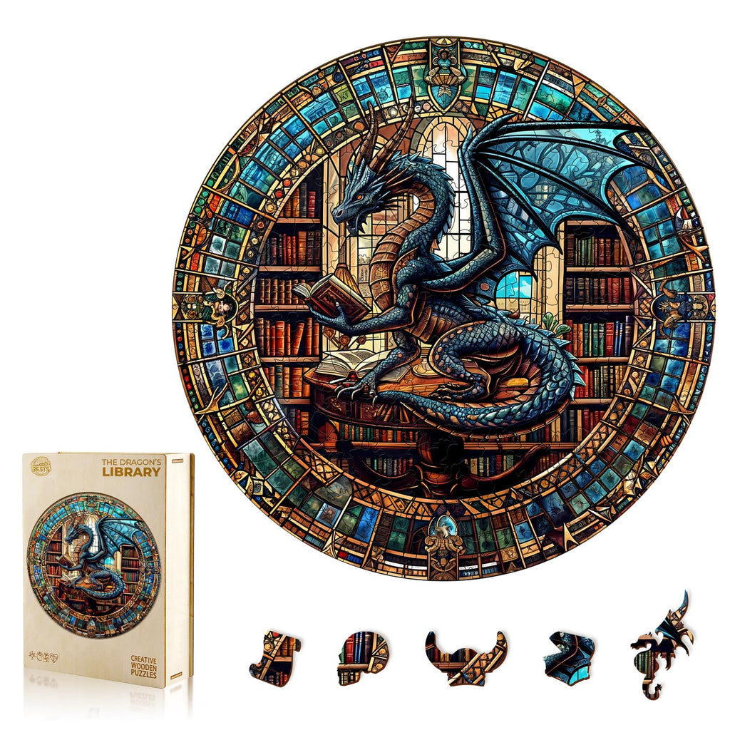 WOODBESTS 100-Piece Wooden Puzzle for Adults – Dragon's Library, 8.5"x8.5" Unique Cut Jigsaw