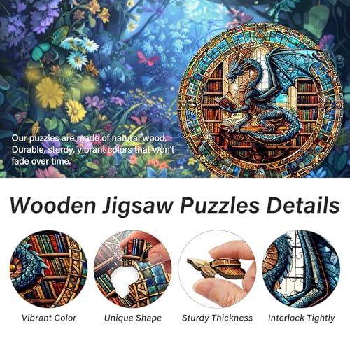 WOODBESTS 100-Piece Wooden Puzzle for Adults – Dragon's Library, 8.5"x8.5" Unique Cut Jigsaw