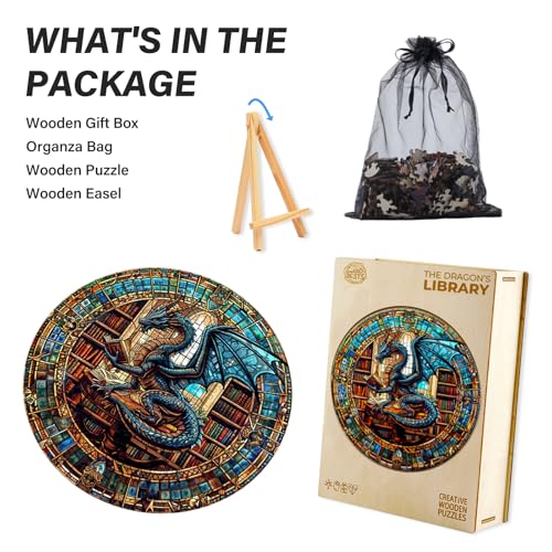 WOODBESTS 100-Piece Wooden Puzzle for Adults – Dragon's Library, 8.5"x8.5" Unique Cut Jigsaw