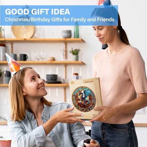 WOODBESTS 100-Piece Wooden Puzzle for Adults – Dragon's Library, 8.5"x8.5" Unique Cut Jigsaw
