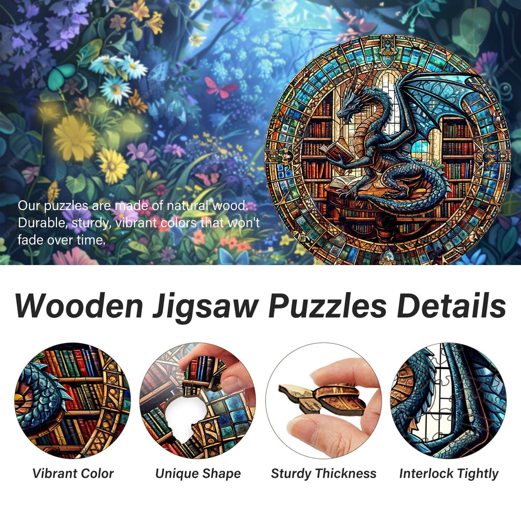 WOODBESTS 100-Piece Wooden Puzzle for Adults – Dragon's Library, 8.5"x8.5" Unique Cut Jigsaw