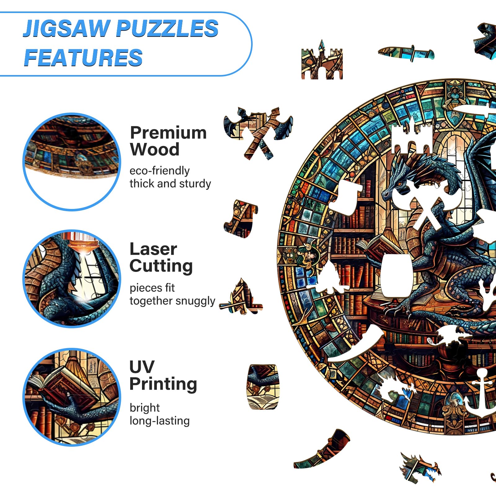 WOODBESTS 100-Piece Wooden Puzzle for Adults – Dragon's Library, 8.5"x8.5" Unique Cut Jigsaw