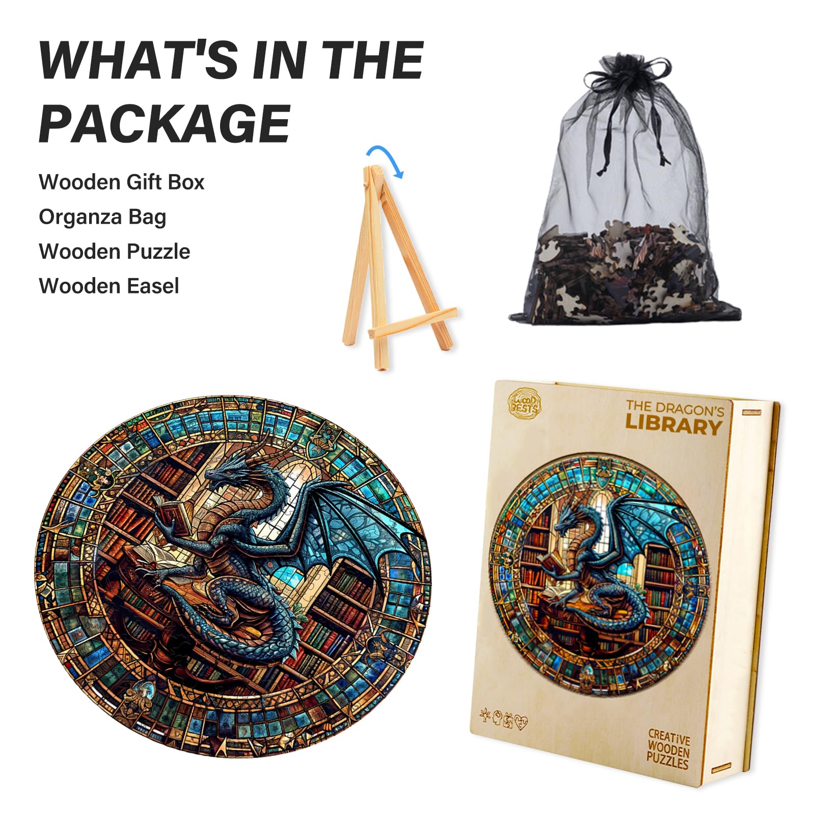 WOODBESTS 100-Piece Wooden Puzzle for Adults – Dragon's Library, 8.5"x8.5" Unique Cut Jigsaw