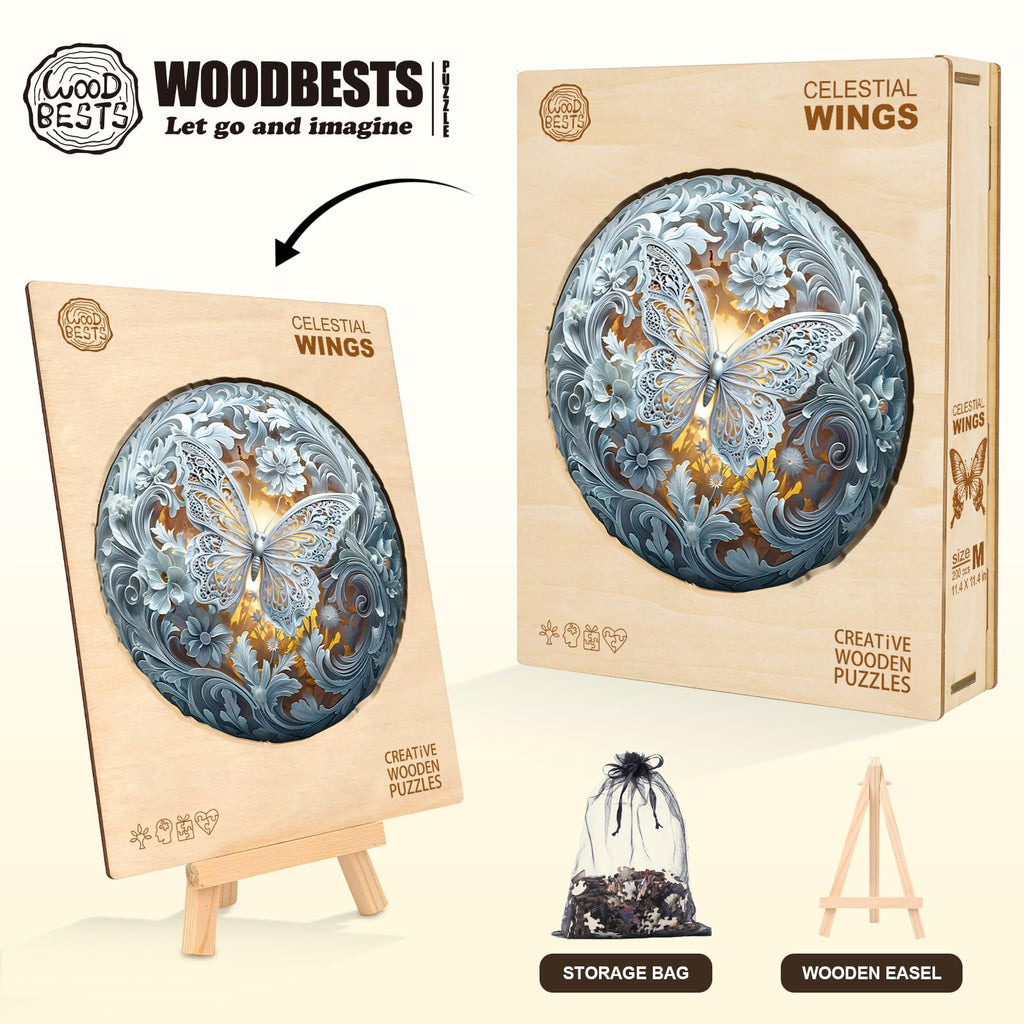 WOODBESTS Celestial Wings Wooden Puzzle – 100-Piece Adult Jigsaw, 8.5x8.5 inches, Laser-Cut Unique Shapes