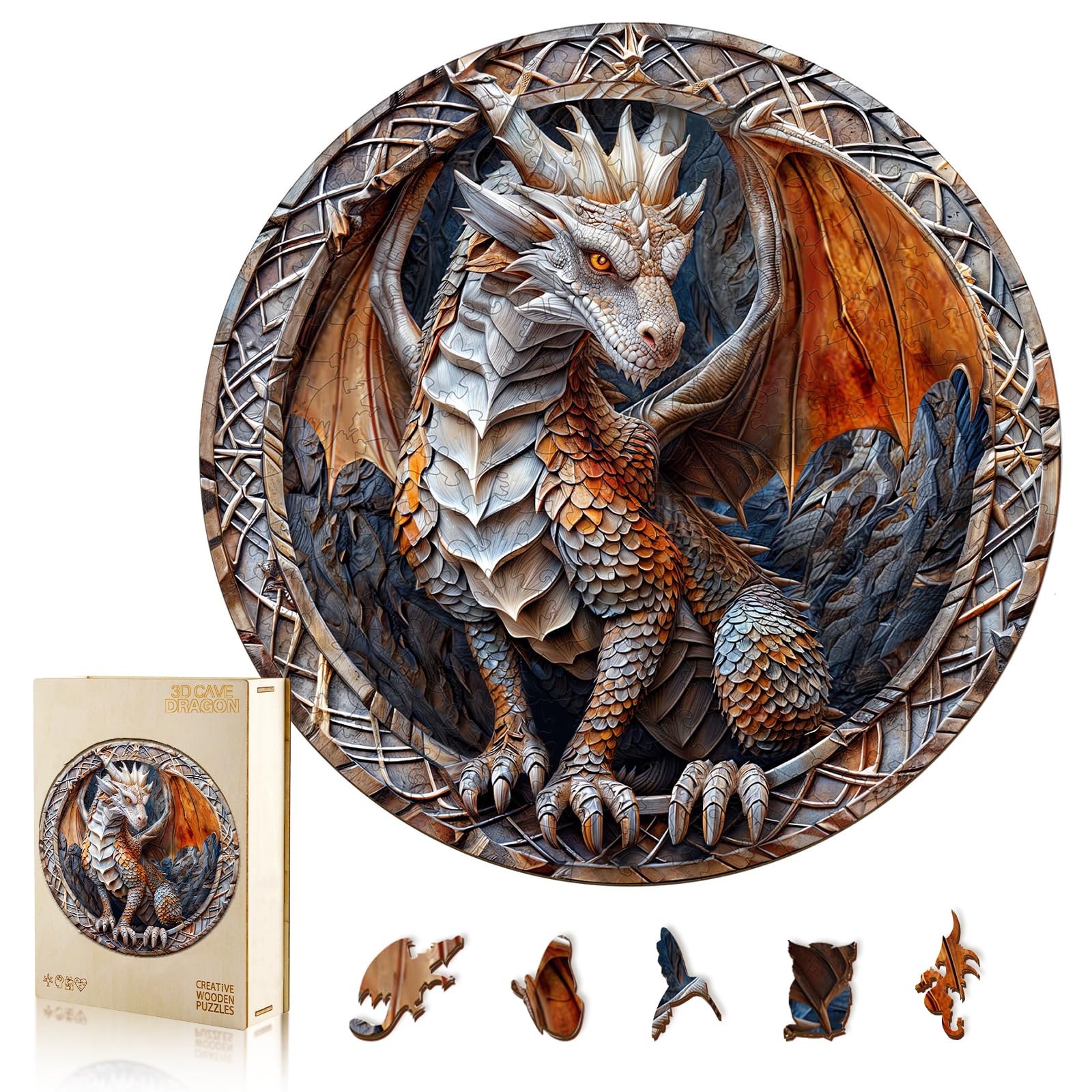 WOODBESTS Wooden Jigsaw Puzzle for Adults – 300 Piece Guardian Dragon, 13.4x13.4 Inches, Unique Shape, Wooden Box