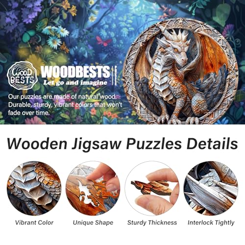 WOODBESTS Wooden Jigsaw Puzzle for Adults – 300 Piece Guardian Dragon, 13.4x13.4 Inches, Unique Shape, Wooden Box