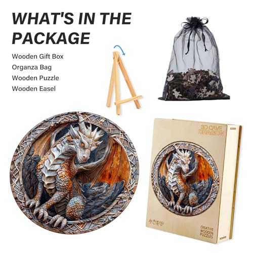 WOODBESTS Wooden Jigsaw Puzzle for Adults – 300 Piece Guardian Dragon, 13.4x13.4 Inches, Unique Shape, Wooden Box