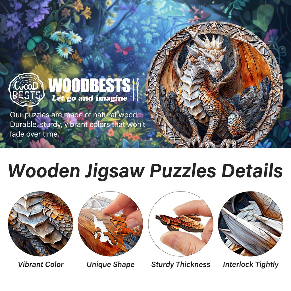 WOODBESTS Wooden Jigsaw Puzzle for Adults – 300 Piece Guardian Dragon, 13.4x13.4 Inches, Unique Shape, Wooden Box