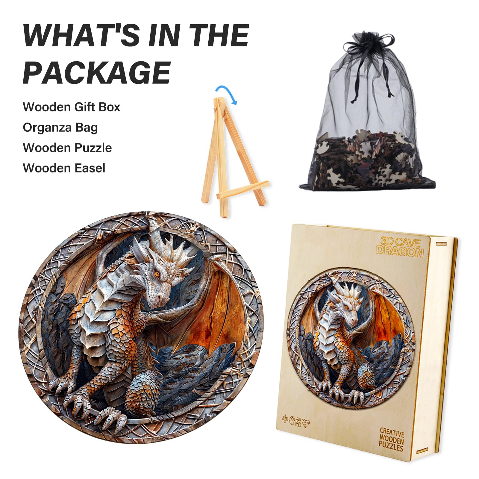 WOODBESTS Wooden Jigsaw Puzzle for Adults – 300 Piece Guardian Dragon, 13.4x13.4 Inches, Unique Shape, Wooden Box