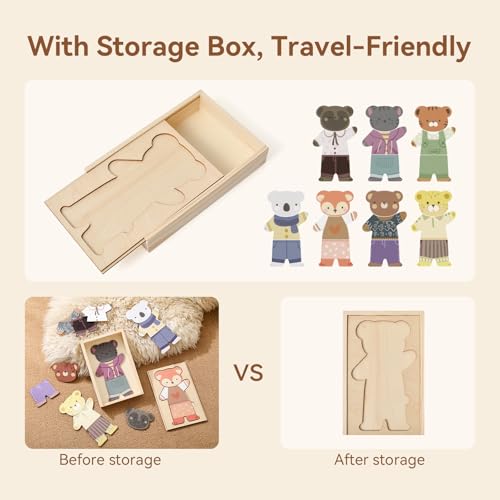 Wooden Animal Dress-Up Puzzle - 21 Mix-and-Match Pieces with Storage Box, Montessori Toy for Ages 3+