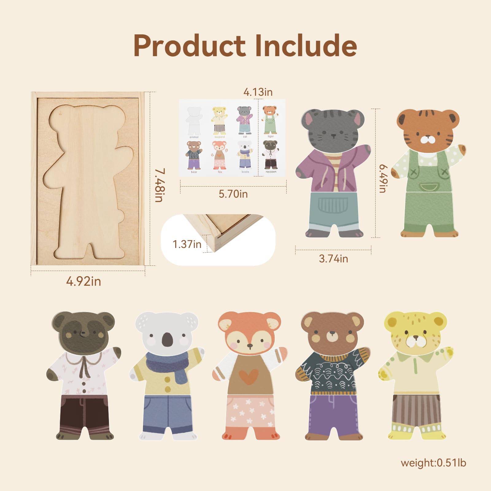 Wooden Animal Dress-Up Puzzle - 21 Mix-and-Match Pieces with Storage Box, Montessori Toy for Ages 3+