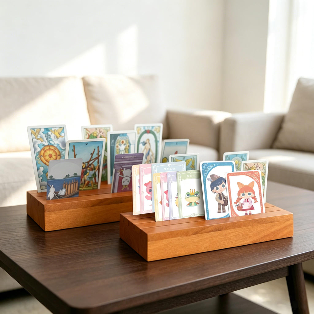 Wooden Card Holders for Playing Cards - Set of 2 Orange Deck Holders with Non-Slip Pads for Uno, Canasta, Poker