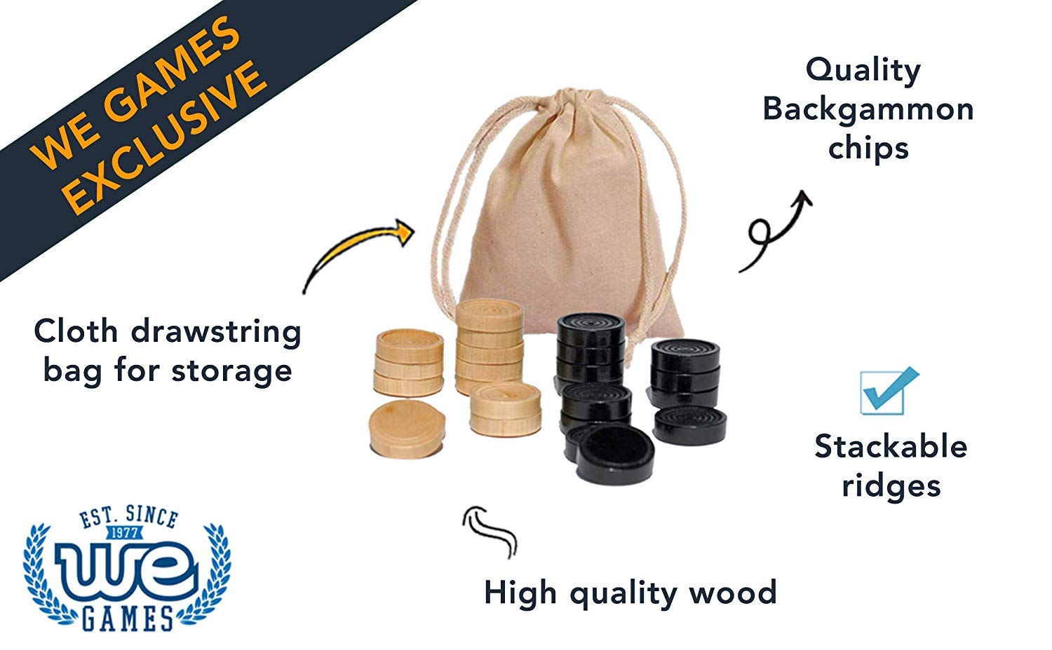 Wooden Checkers Pieces, 2 Inch, 24 Count, Natural and Black, Stackable with Bag