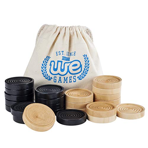 Wooden Checkers Pieces, 2 Inch, 24 Count, Natural and Black, Stackable with Bag