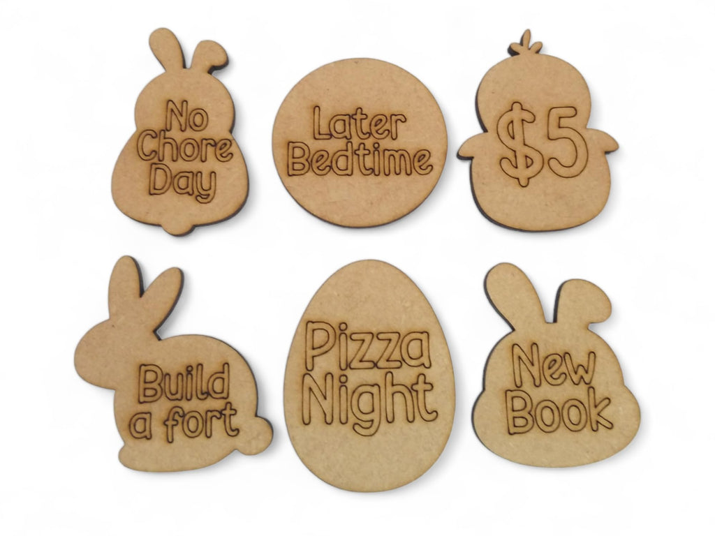Wooden Easter Egg Tokens 30ct with Gift Bag – 6 Shapes, 30 Engraved Sayings, Custom Personalization Available