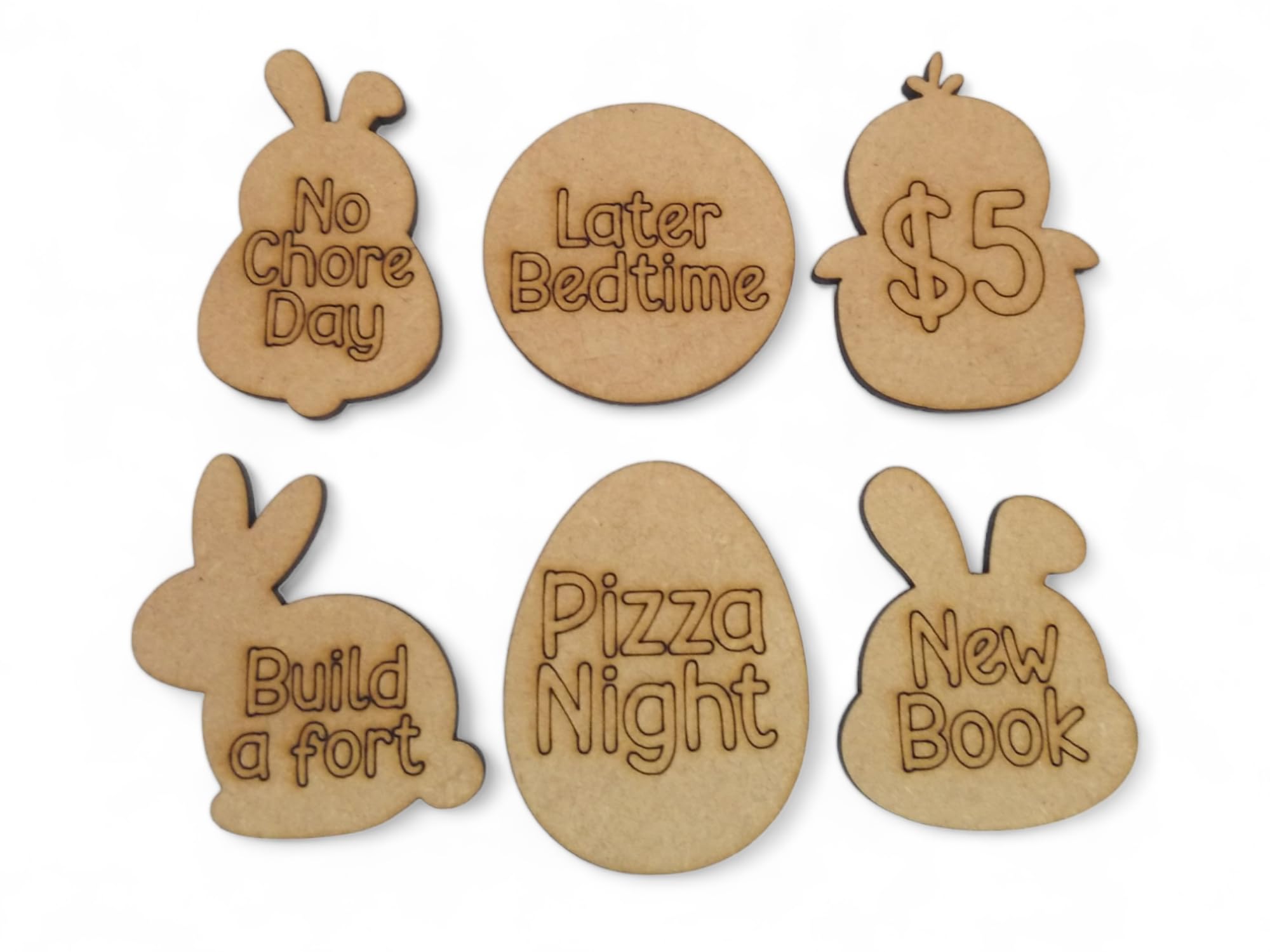 Wooden Easter Egg Tokens 30ct with Gift Bag – 6 Shapes, 30 Engraved Sayings, Custom Personalization Available