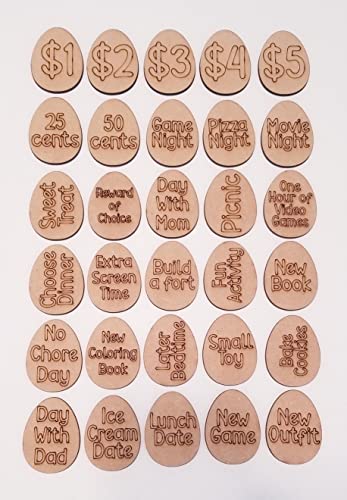 Wooden Easter Egg Tokens 30ct with Gift Bag – 6 Shapes, 30 Engraved Sayings, Custom Personalization Available