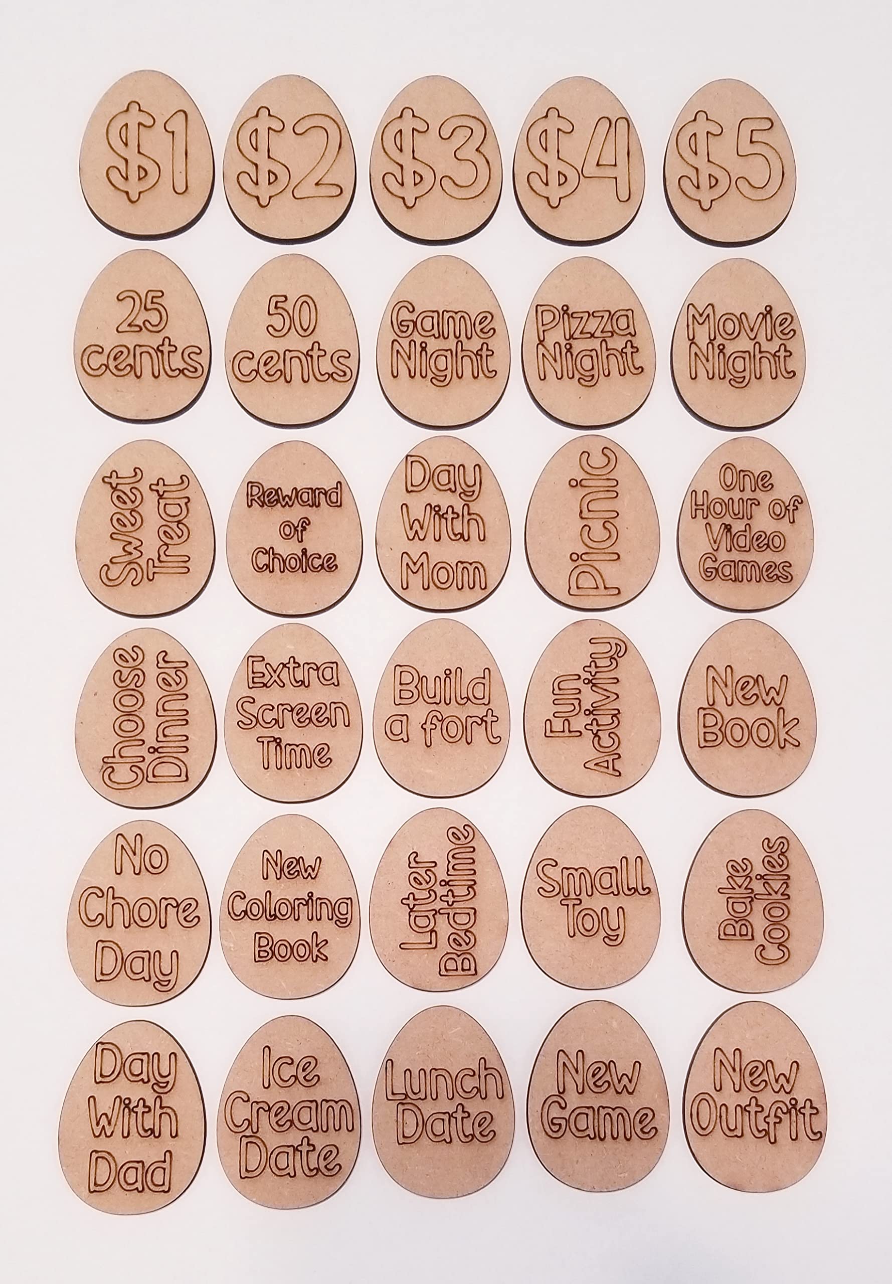 Wooden Easter Egg Tokens 30ct with Gift Bag – 6 Shapes, 30 Engraved Sayings, Custom Personalization Available