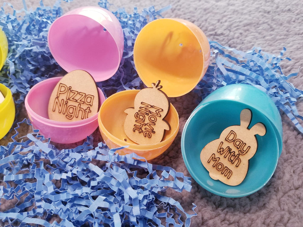 Wooden Easter Egg Tokens 30ct with Gift Bag – 6 Shapes, 30 Engraved Sayings, Custom Personalization Available