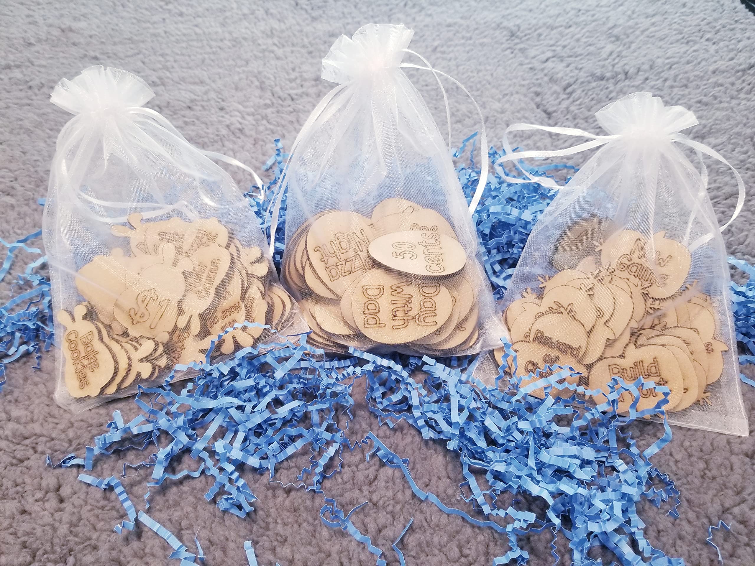 Wooden Easter Egg Tokens 30ct with Gift Bag – 6 Shapes, 30 Engraved Sayings, Custom Personalization Available