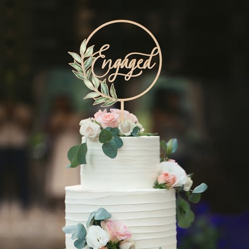 Wooden Engaged Cake Topper – Green Leaf Design by Party to Be, 5.5x8.1 inches