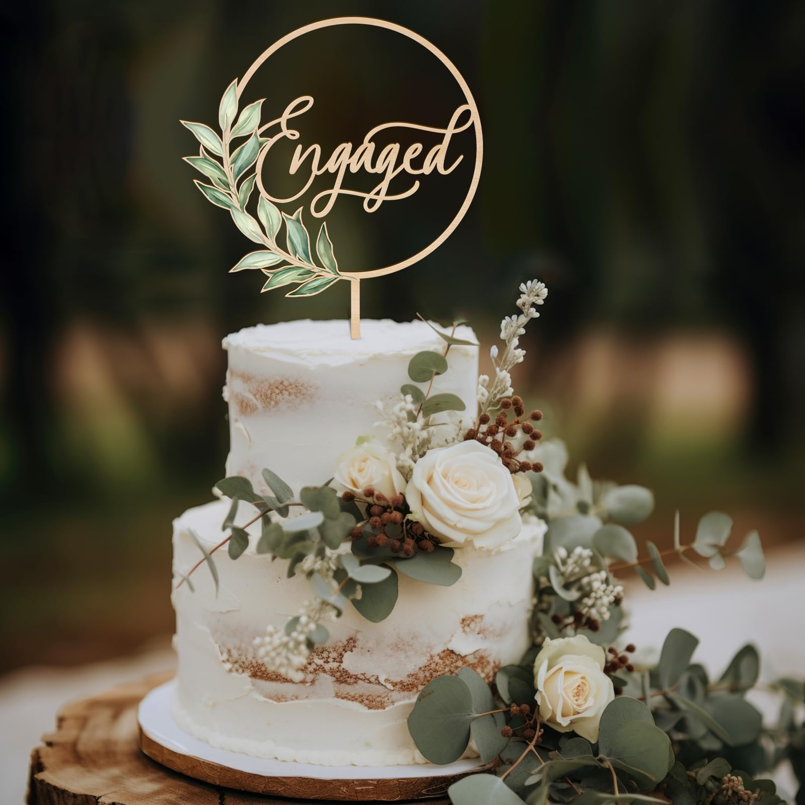 Wooden Engaged Cake Topper – Green Leaf Design by Party to Be, 5.5x8.1 inches