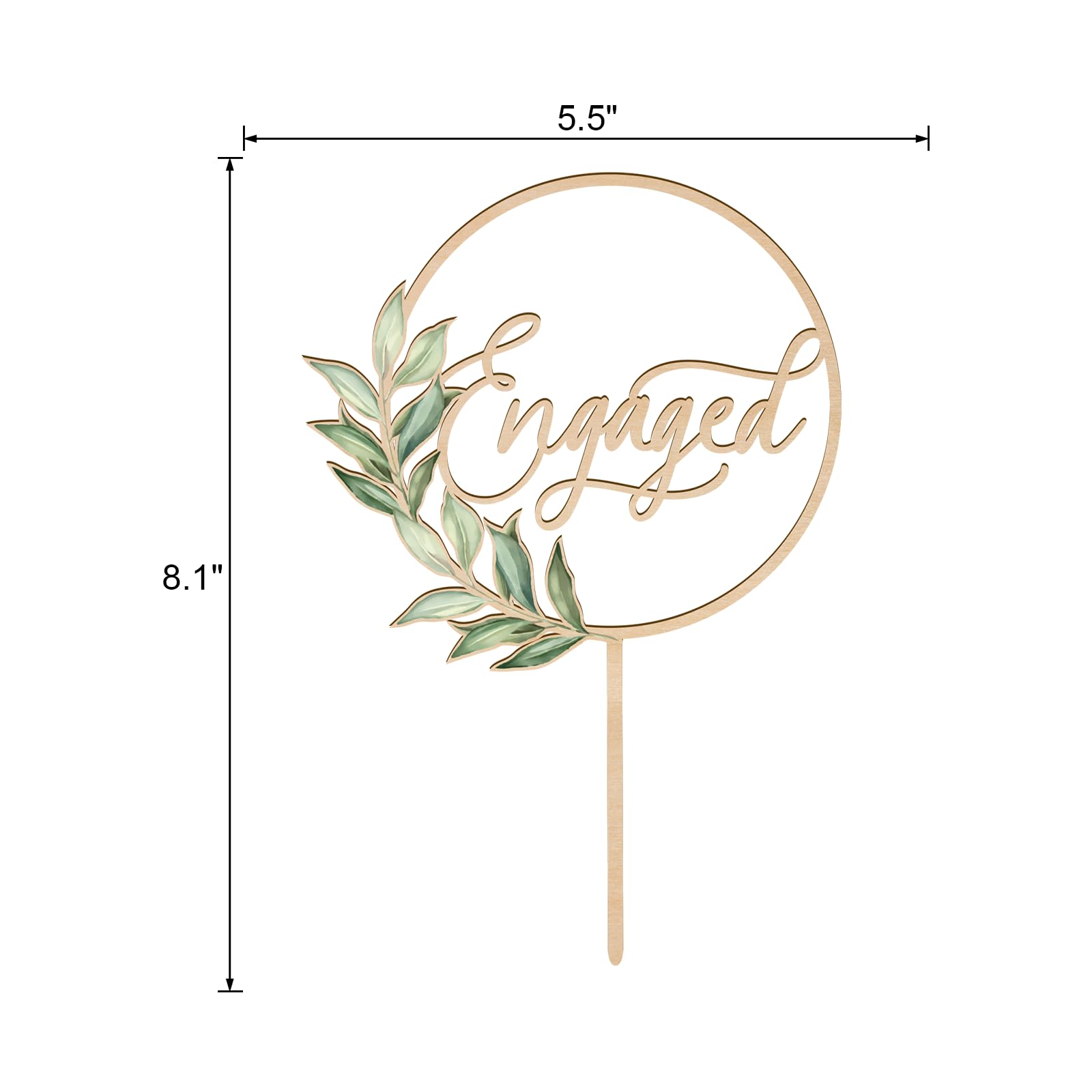Wooden Engaged Cake Topper – Green Leaf Design by Party to Be, 5.5x8.1 inches