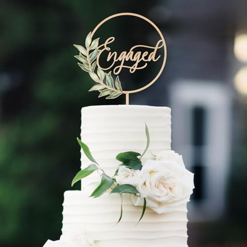 Wooden Engaged Cake Topper – Green Leaf Design by Party to Be, 5.5x8.1 inches