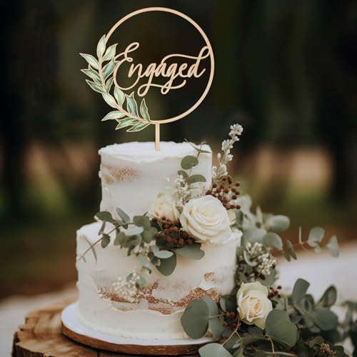 Wooden Engaged Cake Topper – Green Leaf Design by Party to Be, 5.5x8.1 inches