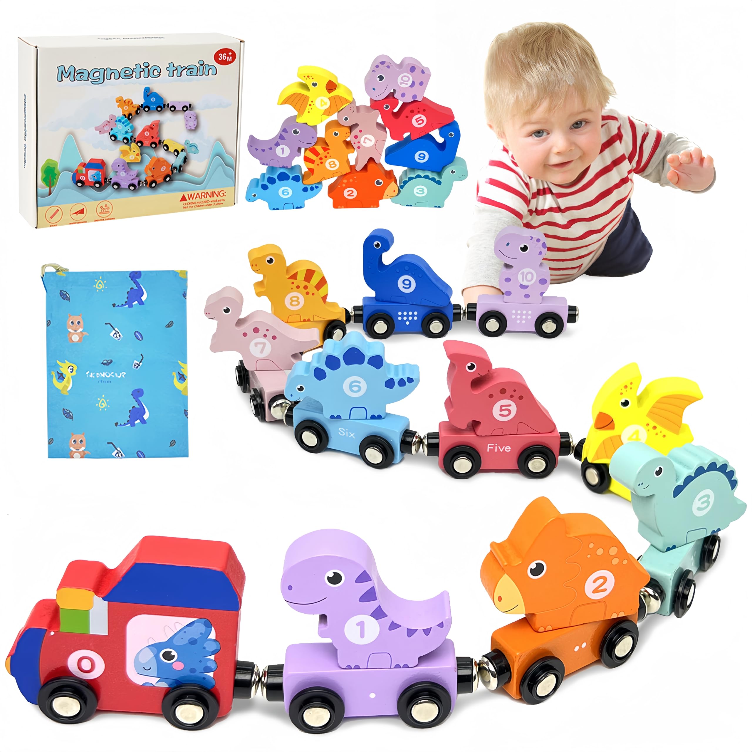 Wooden Magnetic Dinosaur Train Set for Toddlers 1-3 – Educational Toy with Numbers, Colors, and Storage Bag