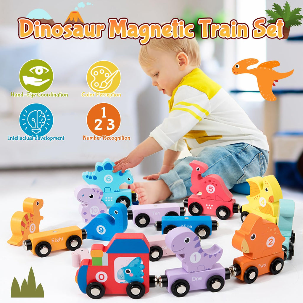 Wooden Magnetic Dinosaur Train Set for Toddlers 1-3 – Educational Toy with Numbers, Colors, and Storage Bag