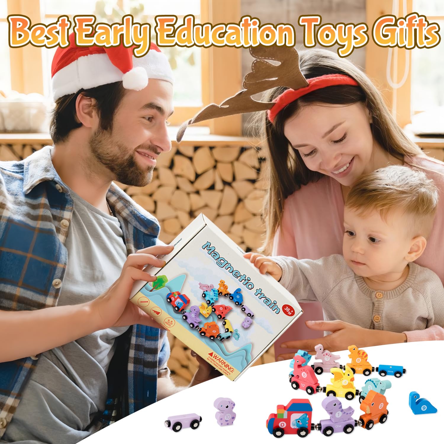 Wooden Magnetic Dinosaur Train Set for Toddlers 1-3 – Educational Toy with Numbers, Colors, and Storage Bag