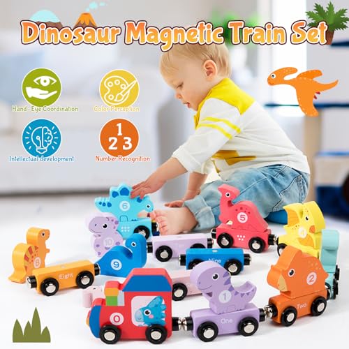 Wooden Magnetic Dinosaur Train Set for Toddlers 1-3 – Educational Toy with Numbers, Colors, and Storage Bag