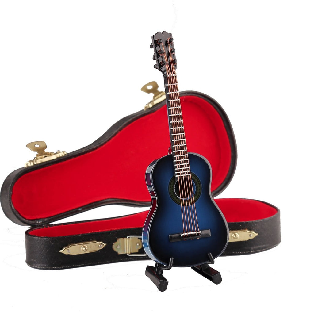 Wooden Miniature Guitar Replica – Blue, with Stand and Case, 5.12-Inch Collectible Display Model