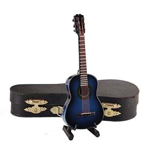 Wooden Miniature Guitar Replica – Blue, with Stand and Case, 5.12-Inch Collectible Display Model
