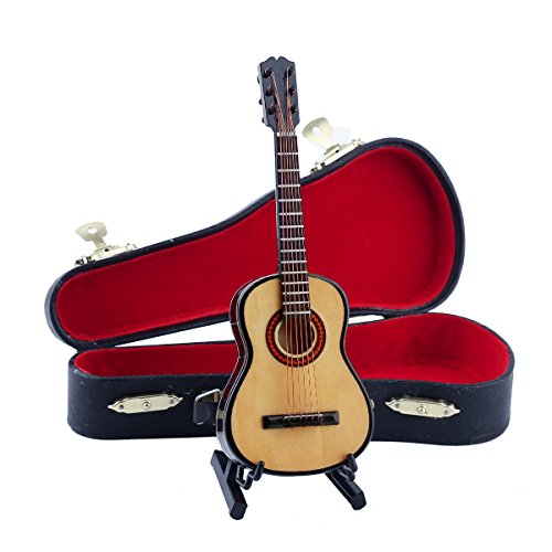 Wooden Miniature Guitar Replica with Stand and Red Velvet Case - 6 Strings, Non-Playable Collectible for Dollhouse or Shelf Display