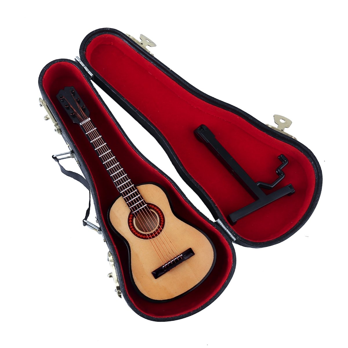 Wooden Miniature Guitar Replica with Stand and Red Velvet Case - 6 Strings, Non-Playable Collectible for Dollhouse or Shelf Display