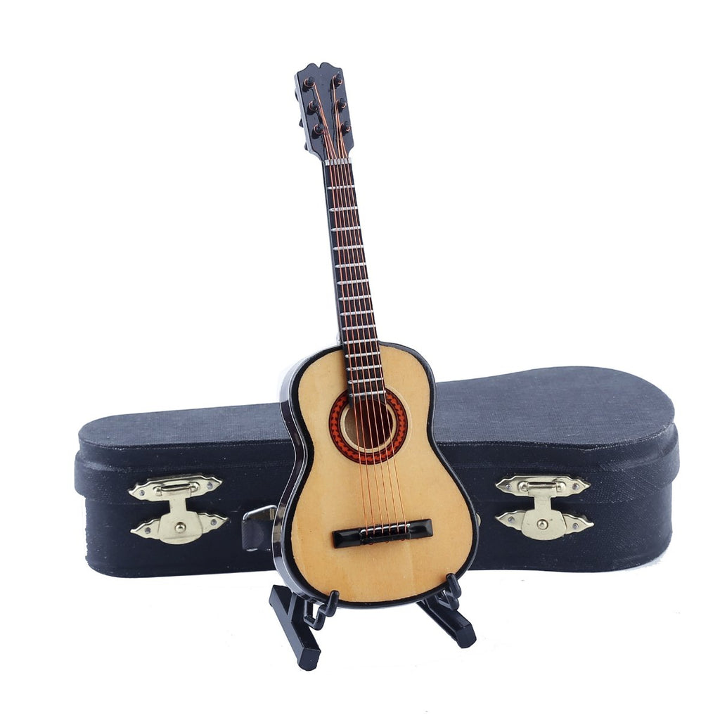 Wooden Miniature Guitar Replica with Stand and Red Velvet Case - 6 Strings, Non-Playable Collectible for Dollhouse or Shelf Display
