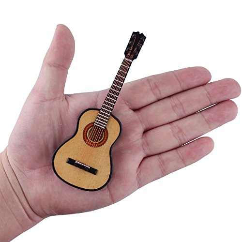 Wooden Miniature Guitar Replica with Stand and Red Velvet Case – Collectible Dollhouse Accessory, 5.12-Inch