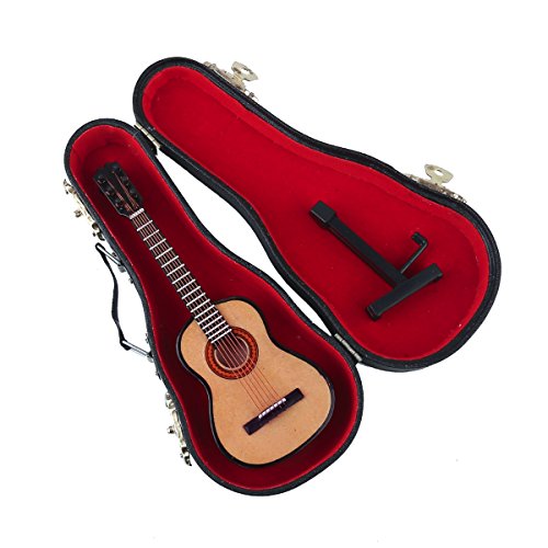 Wooden Miniature Guitar Replica with Stand and Red Velvet Case – Collectible Dollhouse Accessory, 5.12-Inch