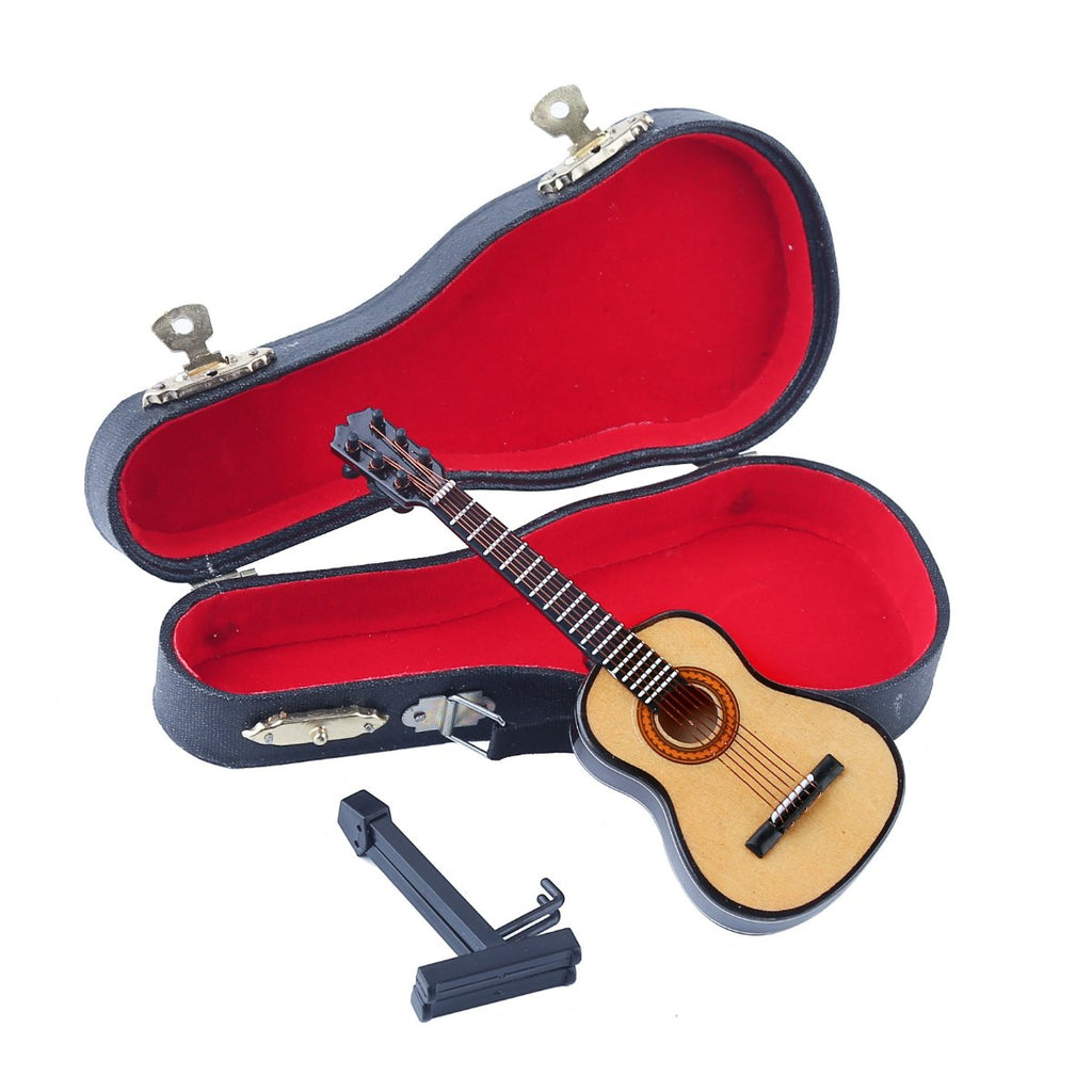 Wooden Miniature Guitar Replica with Stand and Red Velvet Case – Collectible Dollhouse Accessory, 5.12-Inch