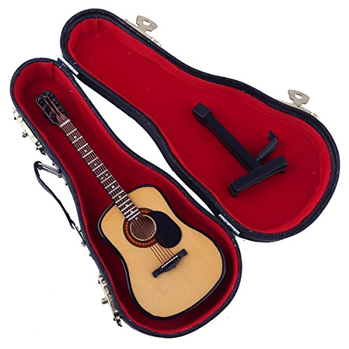 Wooden Miniature Guitar with Stand and Case - 5.12 Inch Acoustic Guitar Replica, Collectible Display Ornament for Home Decor, Dollhouse Accessory