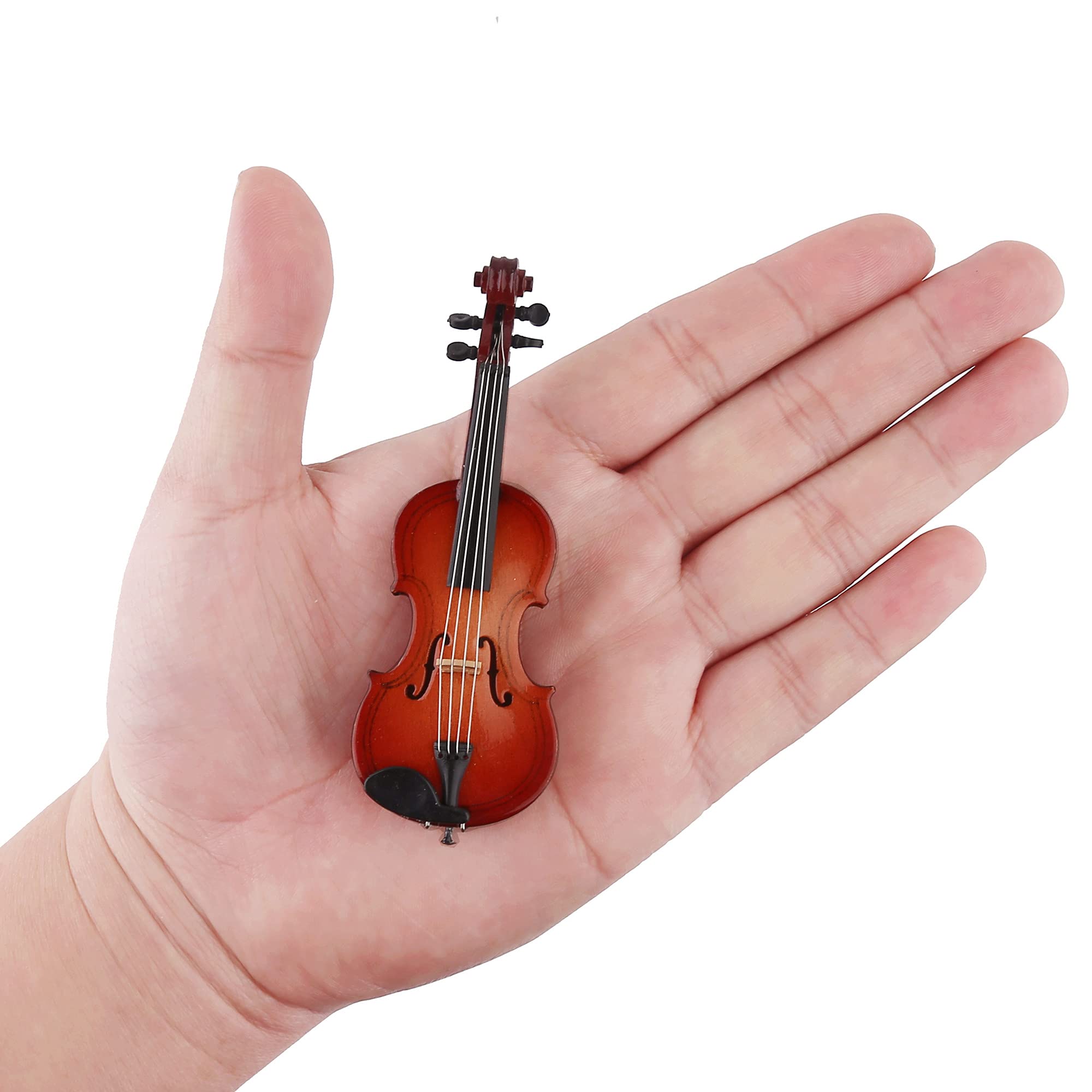 Wooden Miniature Violin Replica with Stand, Bow, and Case - Dollhouse Collectible Décor (3.94 inches)
