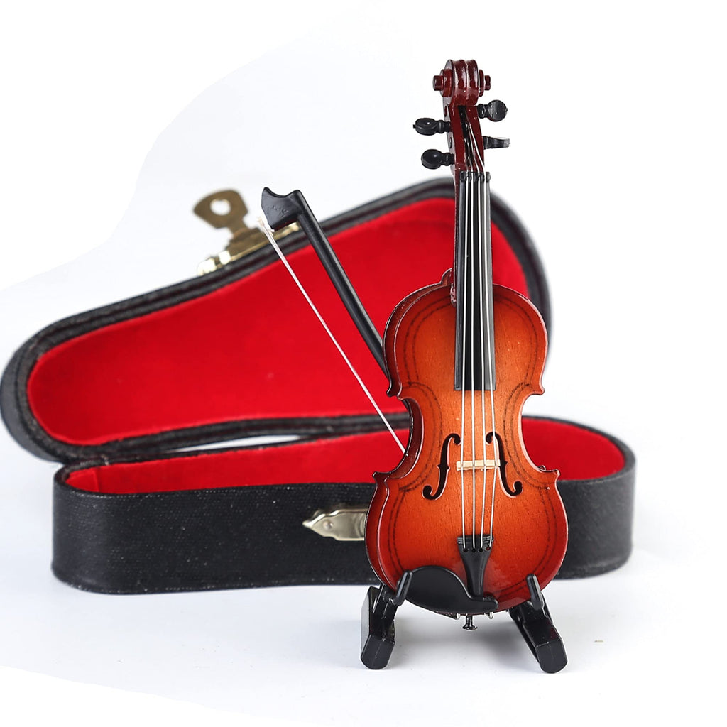 Wooden Miniature Violin Replica with Stand, Bow, and Case - Dollhouse Collectible Décor (3.94 inches)