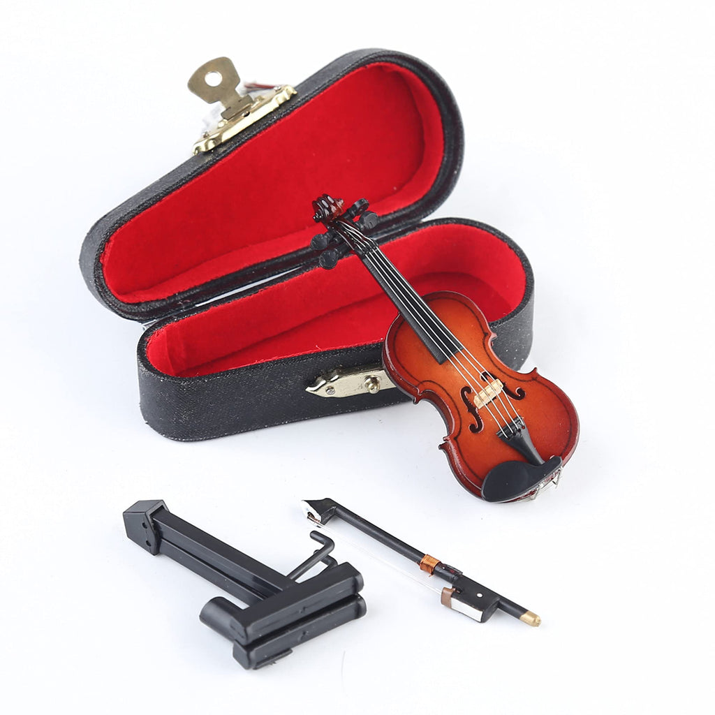 Wooden Miniature Violin with Stand, Bow and Case – 3.15 Inch Collectible Replica for Dollhouse Décor