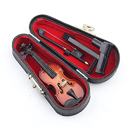 Wooden Miniature Violin with Stand, Bow and Case – 3.15 Inch Collectible Replica for Dollhouse Décor